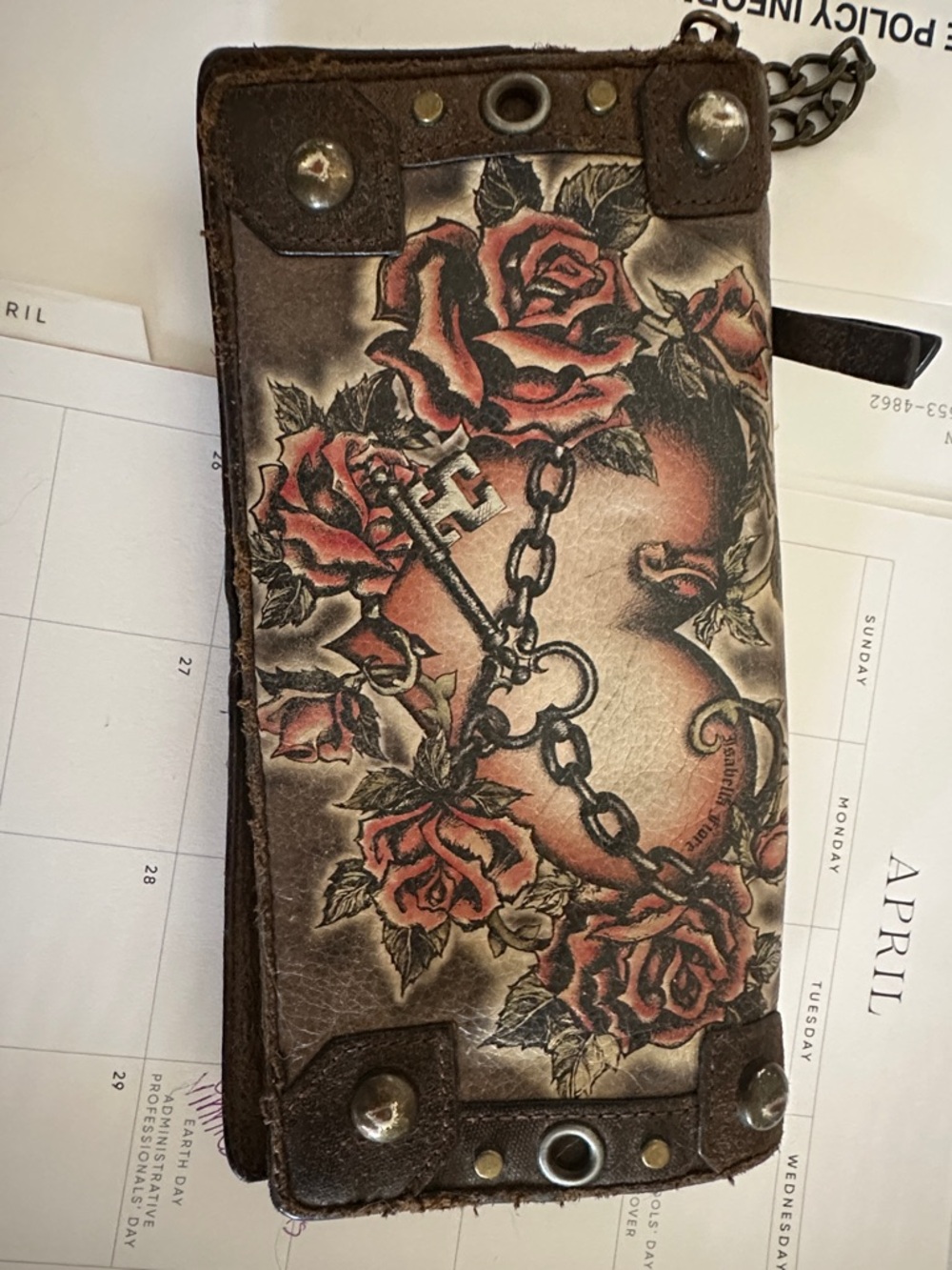 Isabella Fiore Brown Leather Wallet with Red Rose and Black Chain Motif